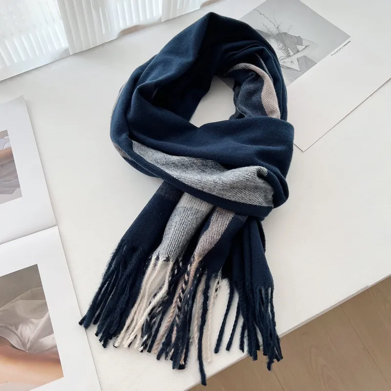 PISHUSHU Polyester Knit Scarves Unisex Gray Navy Blue-4
