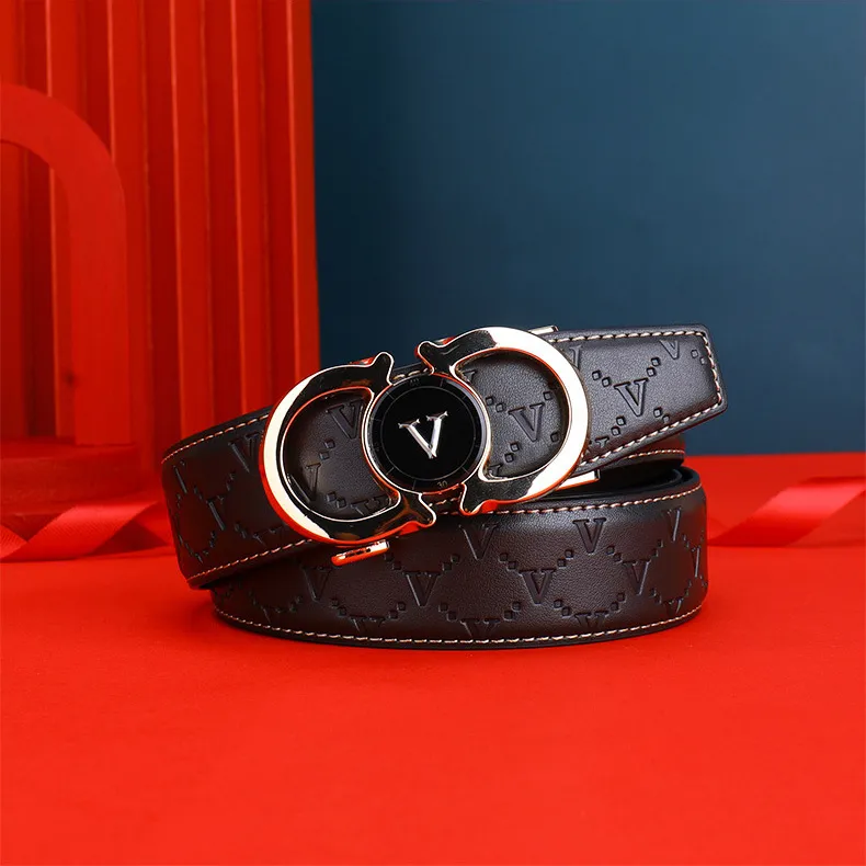 PISHUSHU Trendy Print Automatic Buckle Cow Leather Leather Belts Men's Black Buckle With Gold Tone Lock Width  3.5cm-2