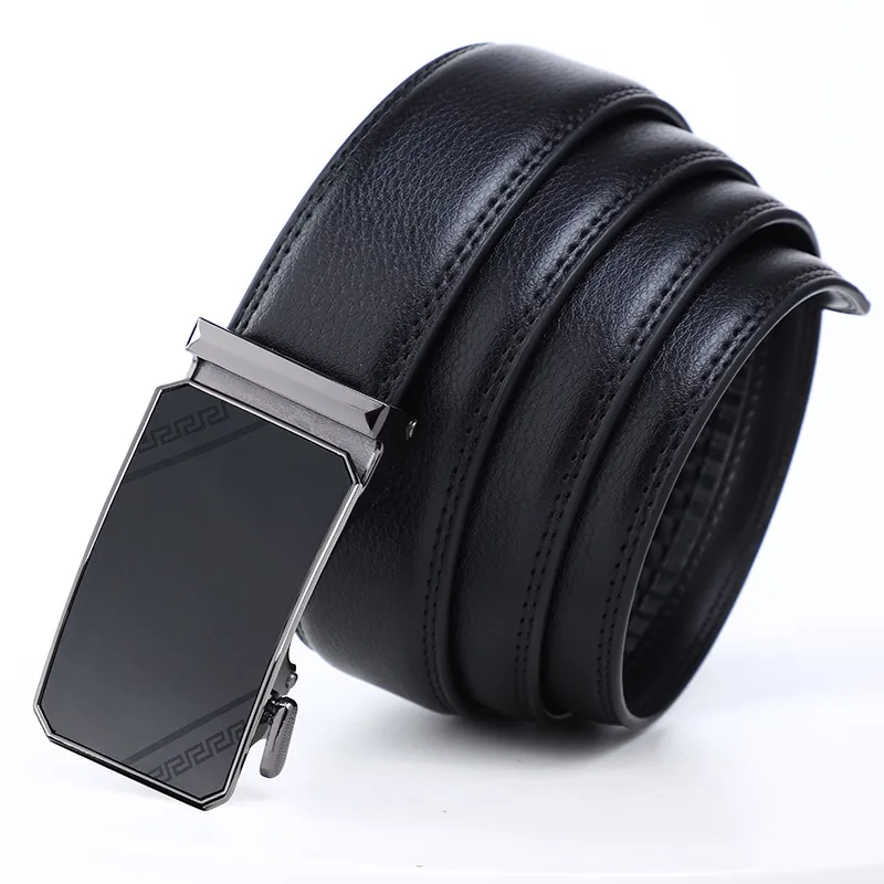 PISHUSHU Cow Leather Belts Men's Black Gunmetal Buckle Width  3.5cm-2