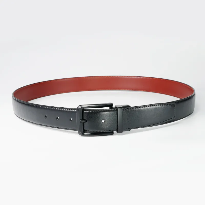 PISHUSHU Cow Leather Pin Buckle Belt Men's Black Gunmetal Buckle Double Sided Width 3.3cm-2