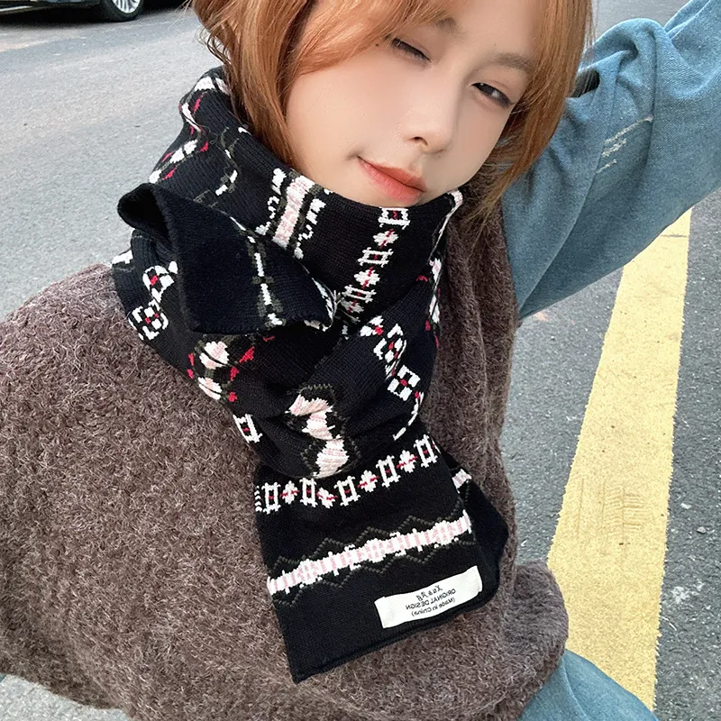 PISHUSHU Core Spun Yarn Knit Scarves Unisex Black-2