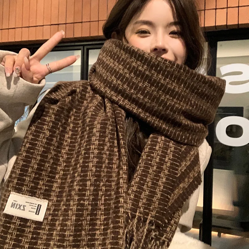 PISHUSHU Acrylic Knit Scarves Unisex Maillard Style Plaid Coffee-2