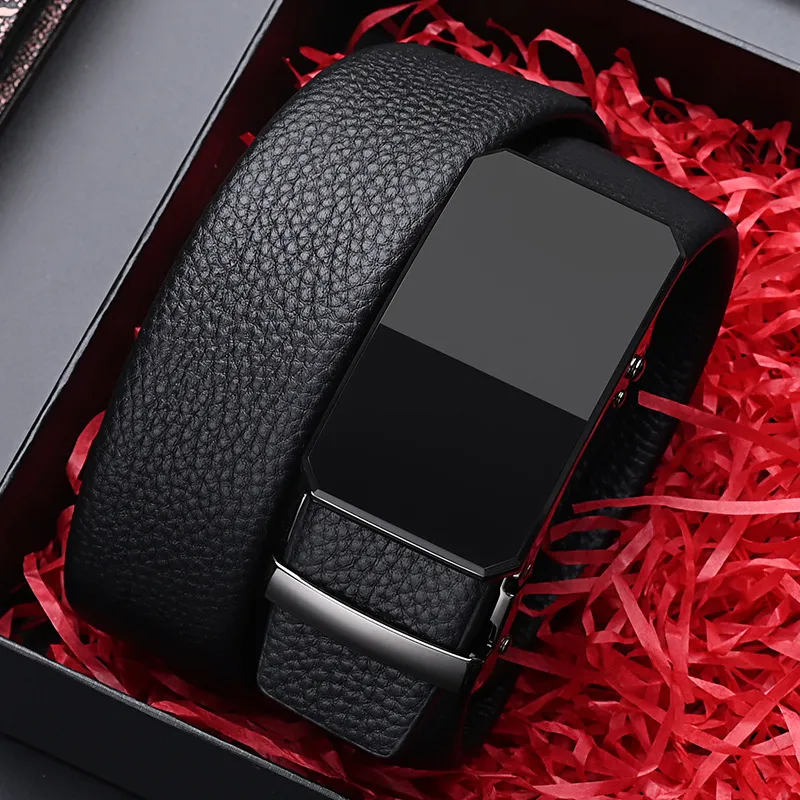PISHUSHU Commute High End Automatic Buckle Cow Leather Leather Belts Men's Black Width  3.5cm-3