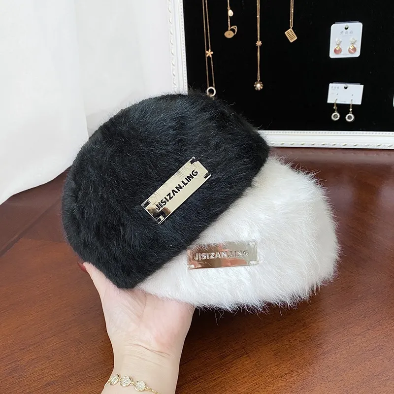 PISHUSHU Rabbit Fur Berets Women's _Nsec Black/Milk White-3