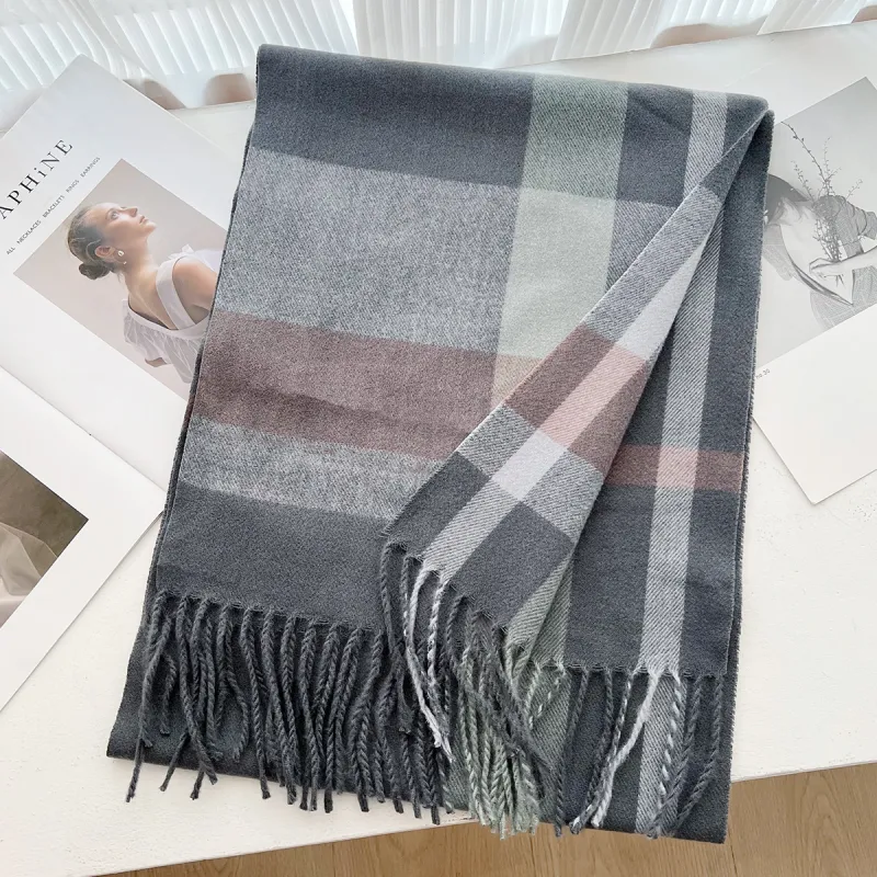 PISHUSHU Polyester Knit Scarves Unisex Gray Navy Blue-1