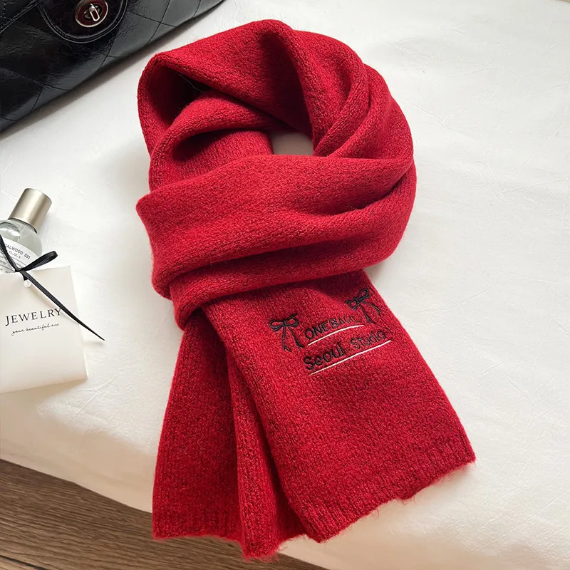 PISHUSHU Acrylic Knit Scarves Women's Ecru Khaki Smoke Gray Angora Red Black-5