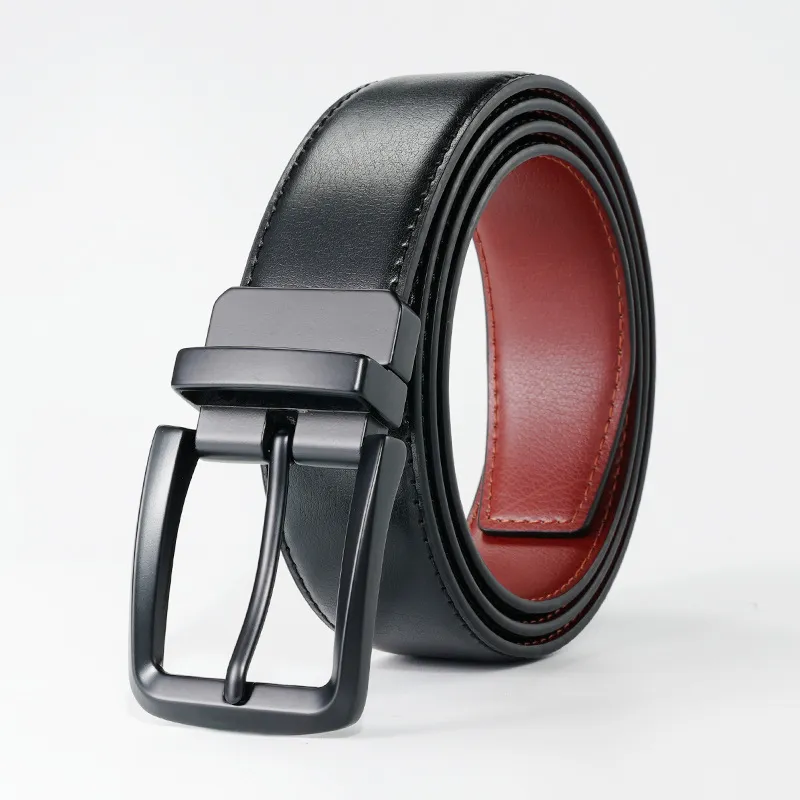 PISHUSHU Cow Leather Pin Buckle Belt Men's Black Gunmetal Buckle Double Sided Width 3.3cm-4