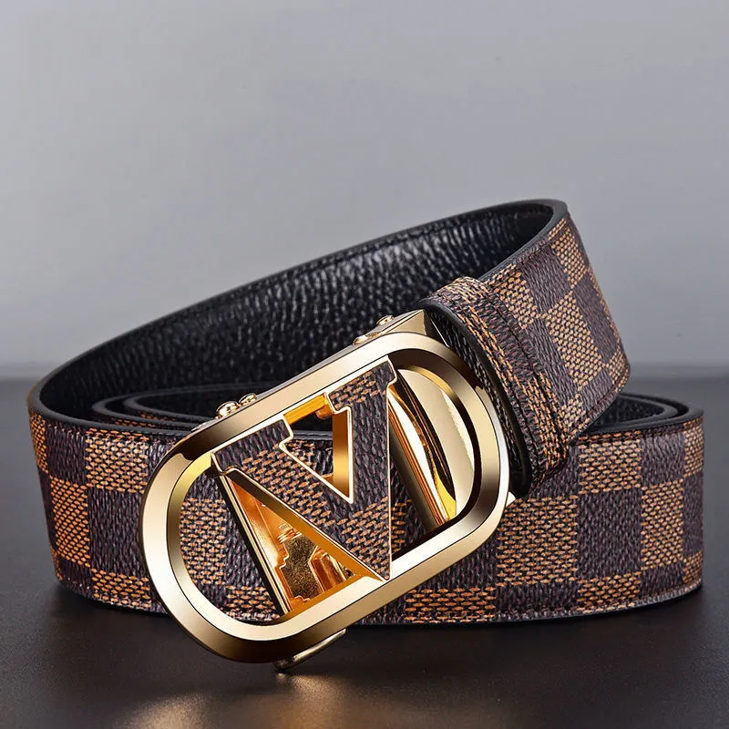PISHUSHU Cow Leather Automatic Buckle Belt Men's Brown With Gold Buckle Black With Silver Buckle Width  3.5cm-1