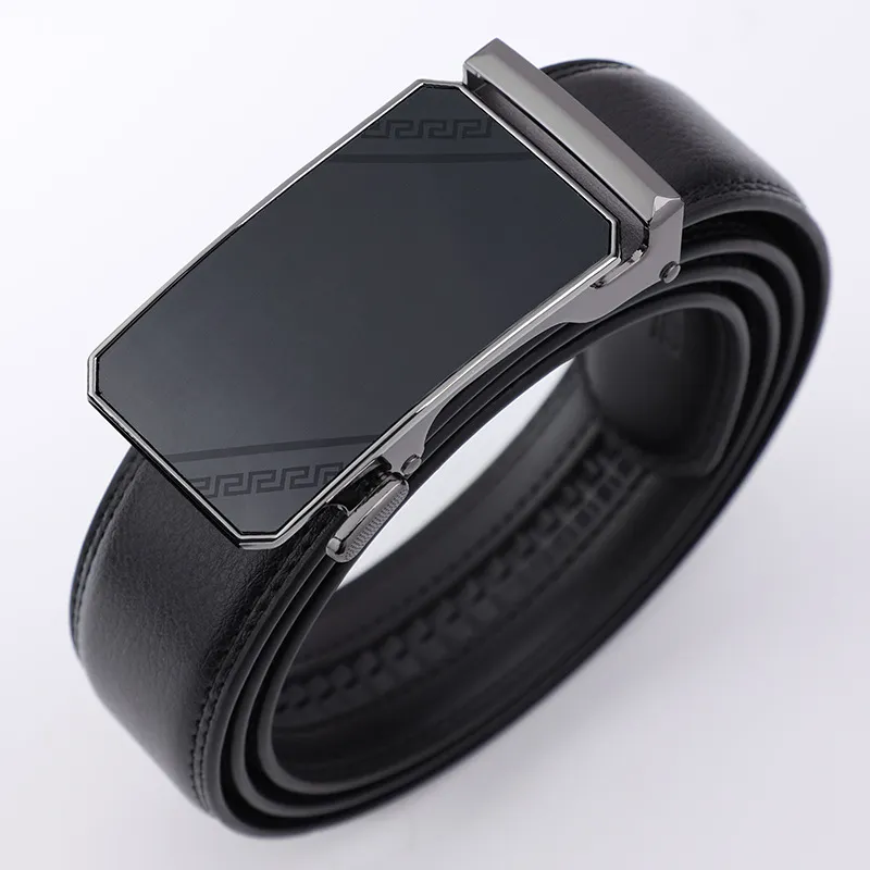 PISHUSHU Cow Leather Belts Men's Black Gunmetal Buckle Width  3.5cm-3