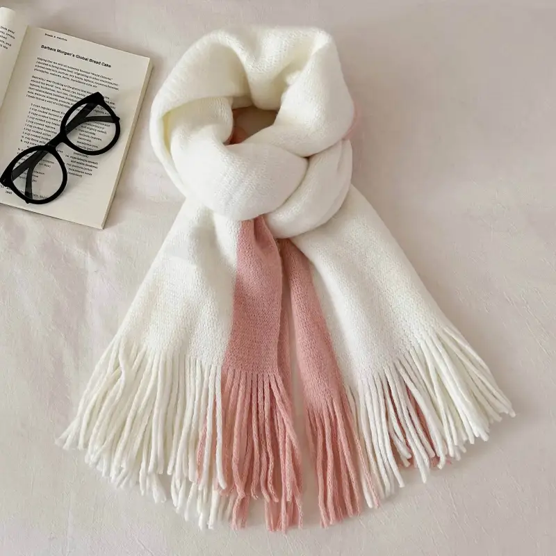 PISHUSHU Polyester Knit Scarves Unisex Pink White White Gray White Green-1