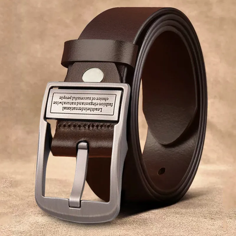 PISHUSHU Casual Pin Buckle Cow Leather Leather Belts Men's Coffee Matte Silver Width  3.8cm-2