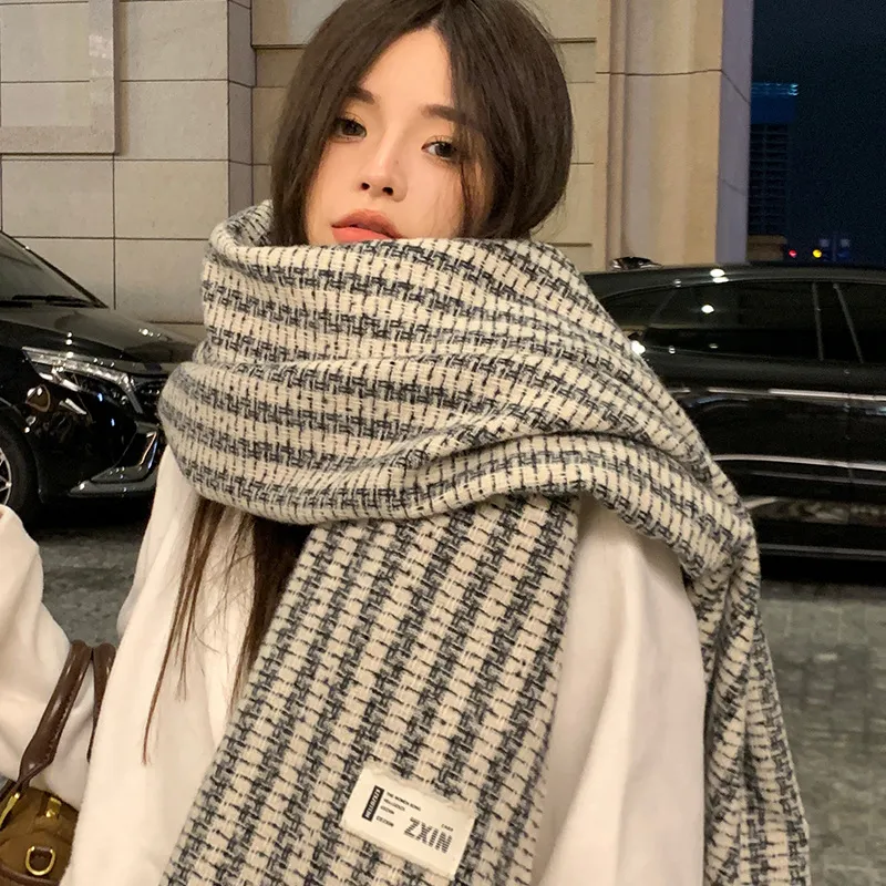 PISHUSHU Acrylic Knit Scarves Unisex Maillard Style Plaid Coffee-6