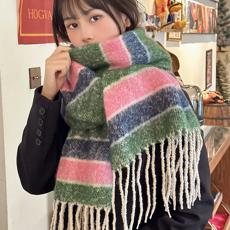 PISHUSHU Polyester Knit Scarves Unisex Yellow Blue Pink Green Blue Brown-4