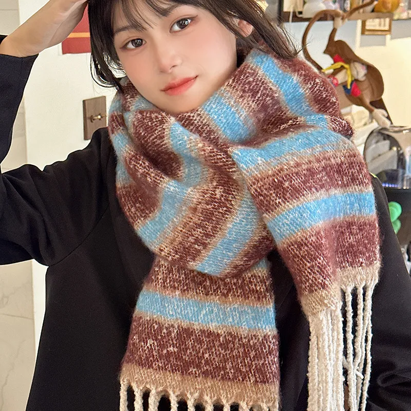 PISHUSHU Polyester Knit Scarves Unisex Yellow Blue Pink Green Blue Brown-8