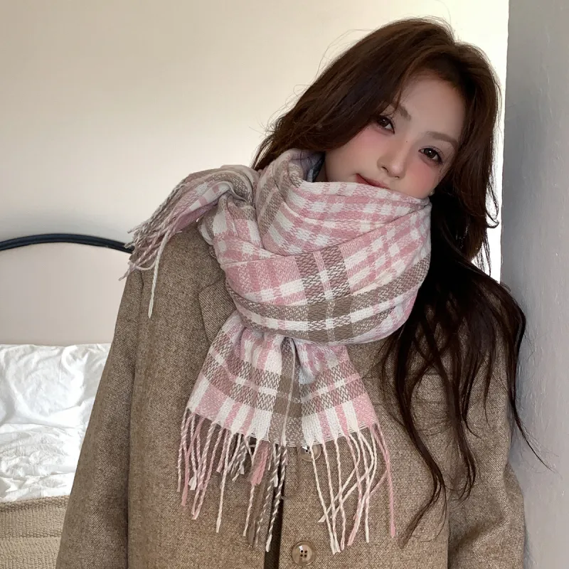 PISHUSHU Polyester Knit Scarves Unisex Pink-2