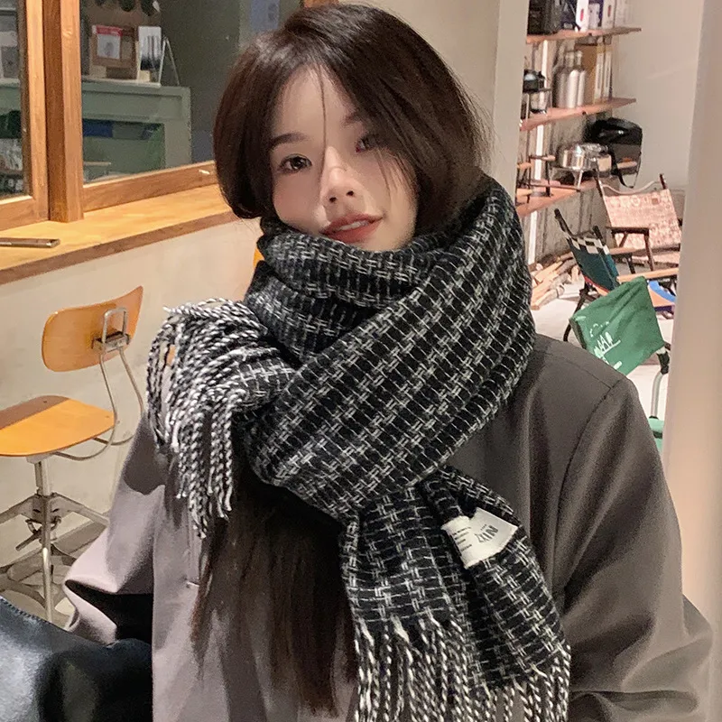 PISHUSHU Acrylic Knit Scarves Unisex Maillard Style Plaid Coffee-4
