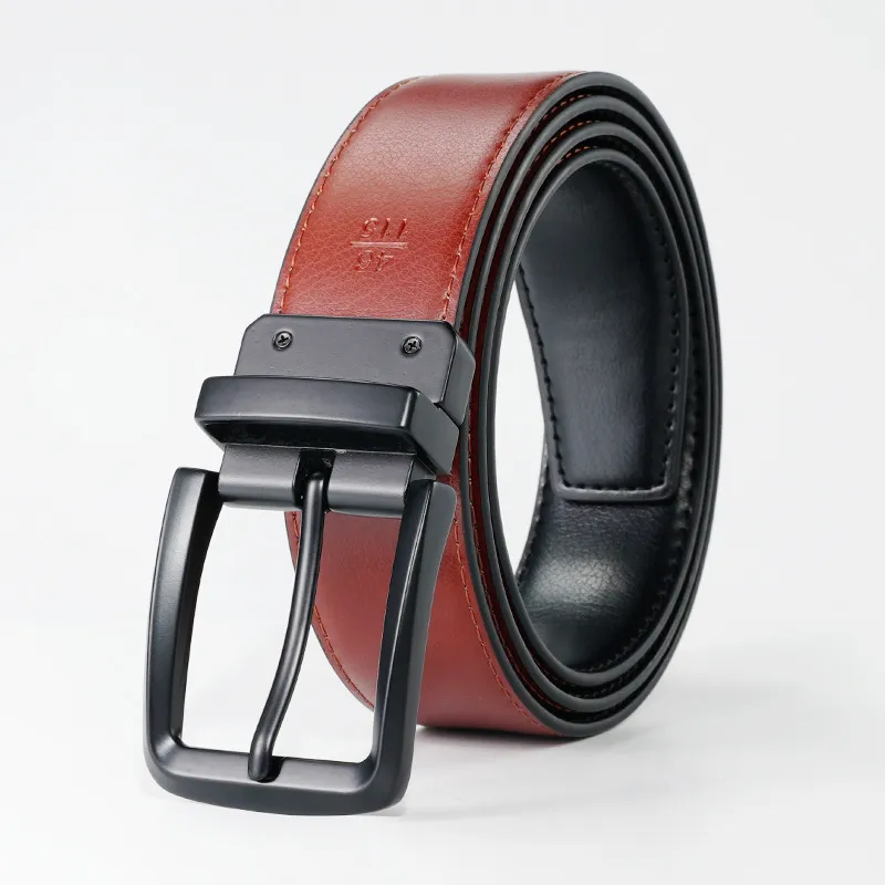 PISHUSHU Cow Leather Pin Buckle Belt Men's Black Gunmetal Buckle Double Sided Width 3.3cm-1