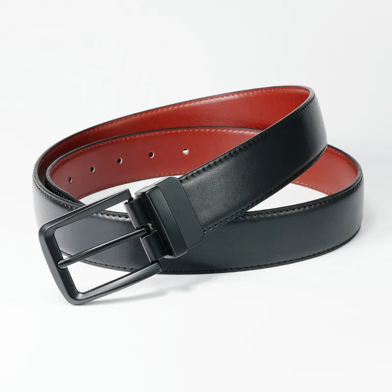 PISHUSHU Cow Leather Pin Buckle Belt Men's Black Gunmetal Buckle Double Sided Width 3.3cm-3