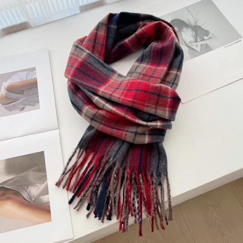 PISHUSHU Polyester Knit Scarves Unisex Red Green-1