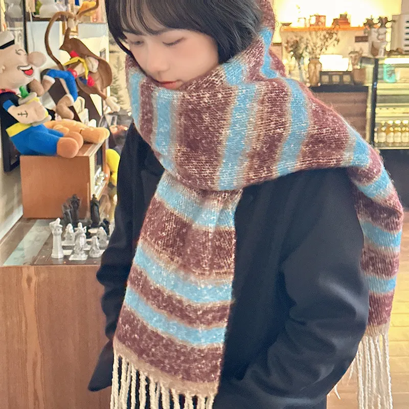 PISHUSHU Polyester Knit Scarves Unisex Yellow Blue Pink Green Blue Brown-7
