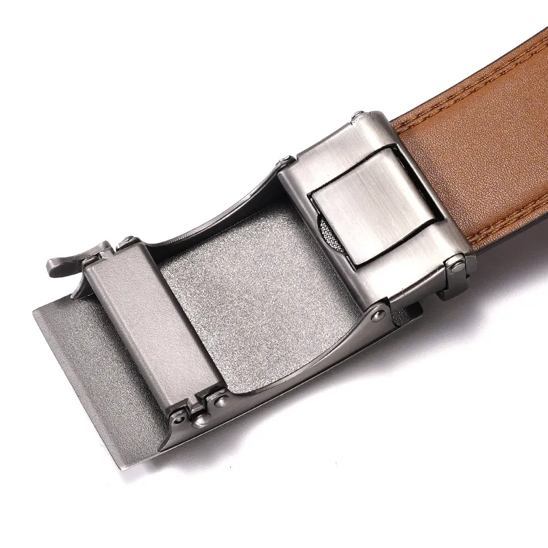 PISHUSHU Cow Leather Automatic Buckle Belt Men's Brown Brushed Gunmetal Buckle Width  3.5cm-3