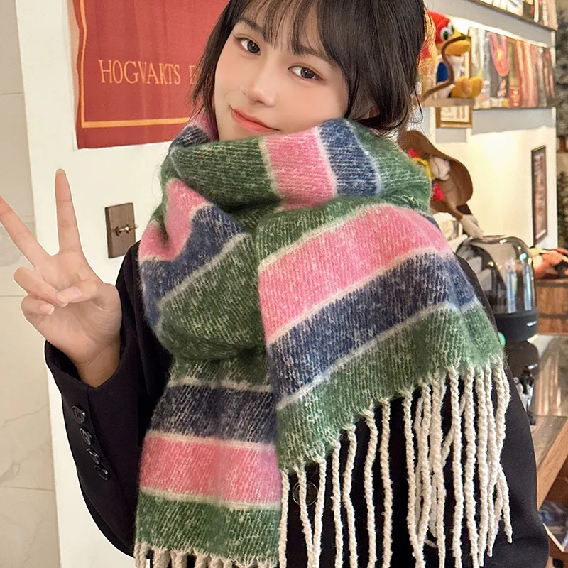 PISHUSHU Polyester Knit Scarves Unisex Yellow Blue Pink Green Blue Brown-5