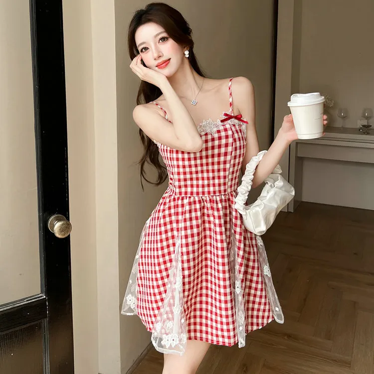 Icicofficial Slip Dresses Women's Red Plaid-1