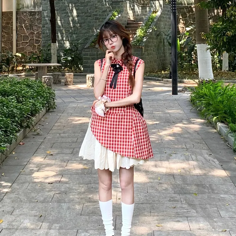 Icicofficial Sleeveless Dress Women's Red Plaid Skirt-5