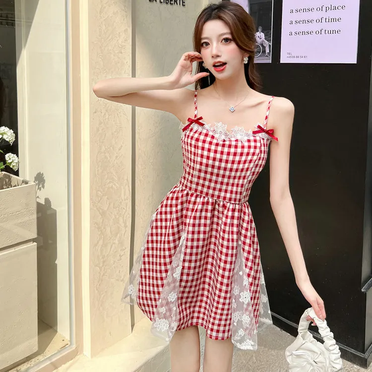 Icicofficial Slip Dresses Women's Red Plaid-2