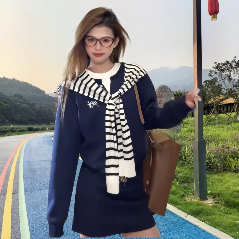 Icicofficial Two Piece Skirt Sets Women's Navy Blue Skirt+Stripes Shawl-3