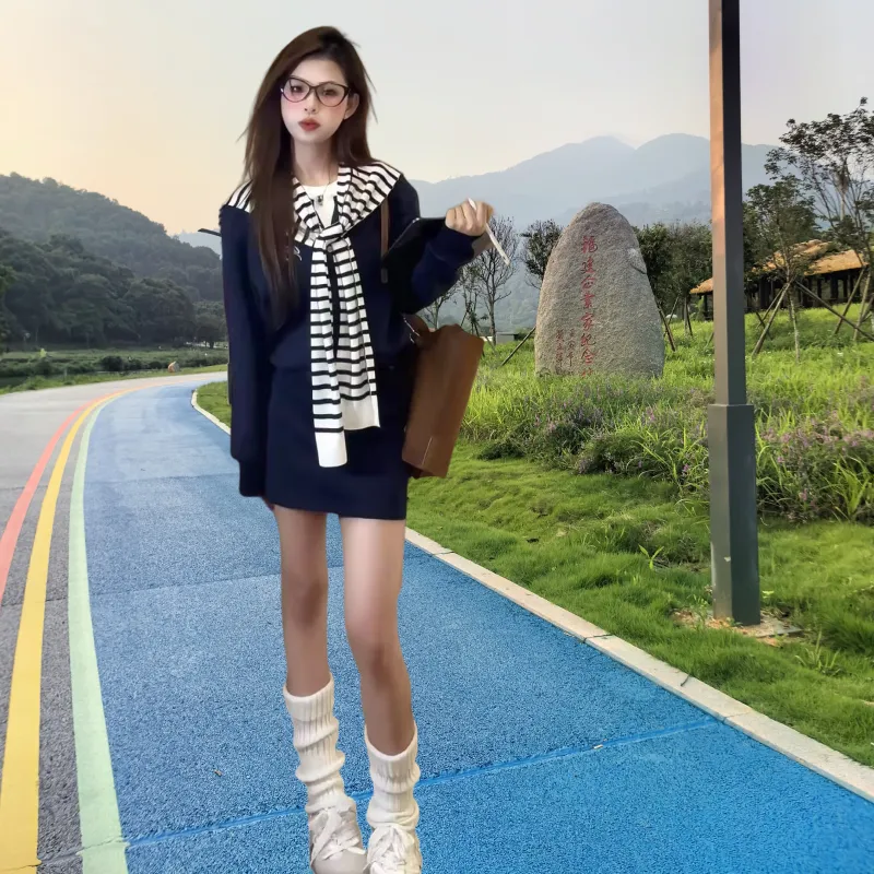 Icicofficial Two Piece Skirt Sets Women's Navy Blue Skirt+Stripes Shawl-1