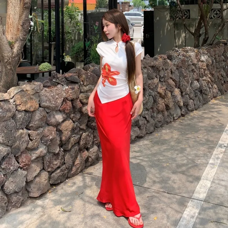 Icicofficial Two Piece Skirt Sets Women's Green Red Clothing Sets-5