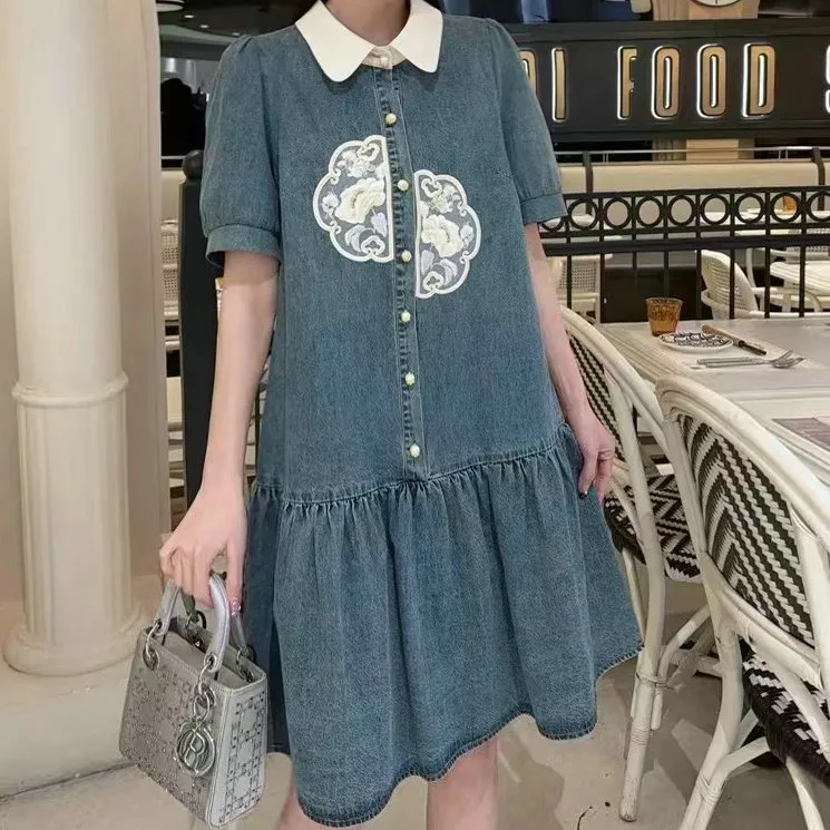 Icicofficial Short Sleeved Dress Women's Multicolor Denim Dress-5