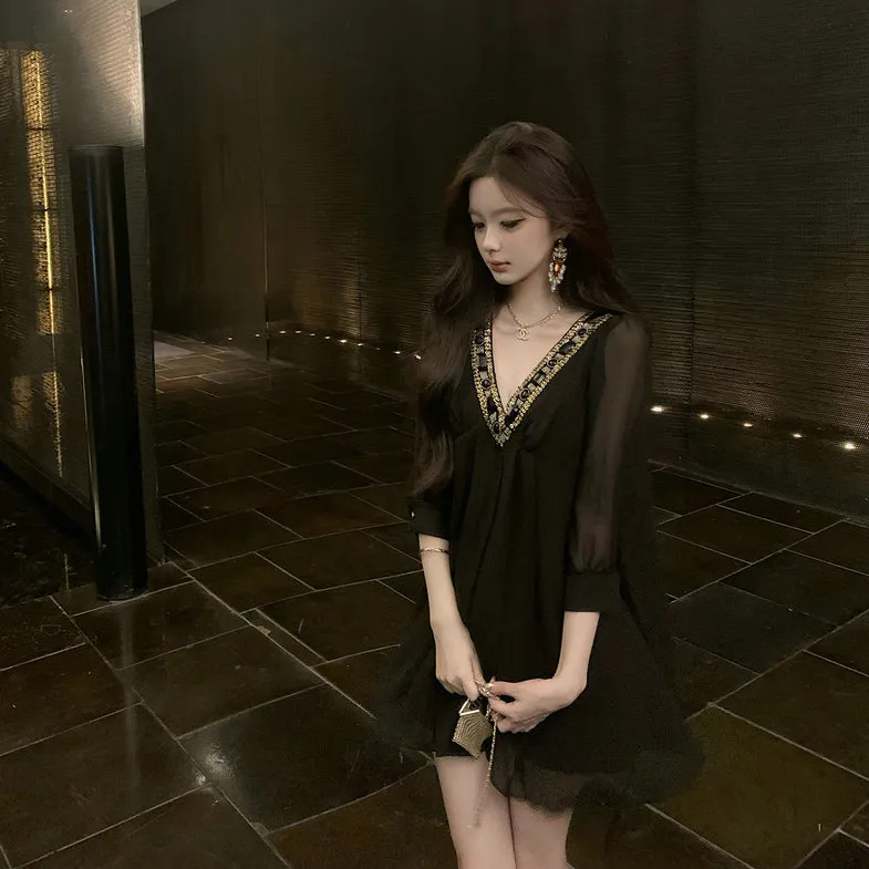 Icicofficial Long Sleeved Dresses Women's Black Dress-2