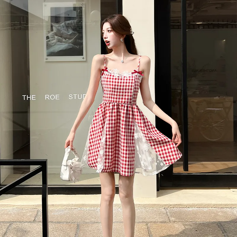 Icicofficial Slip Dresses Women's Red Plaid-5