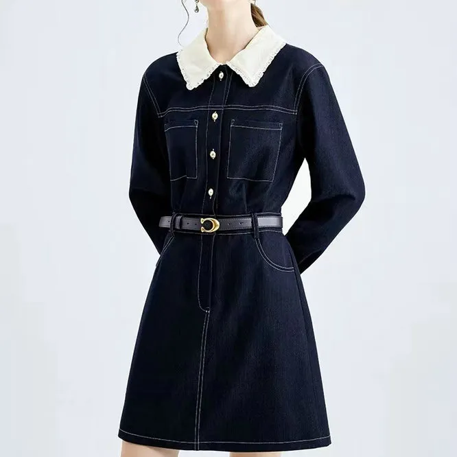 Icicofficial Long Sleeved Dresses Women's Blue White Collar-2