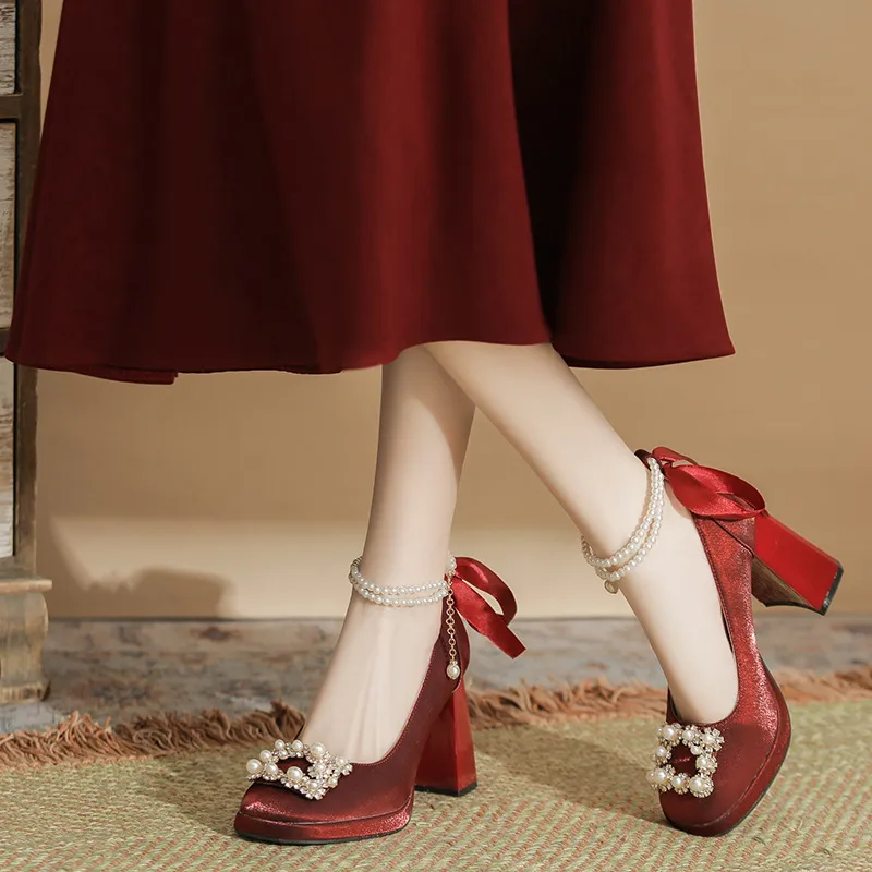 MCKP Chunky Heel High Heels 7cm Women's Red-4