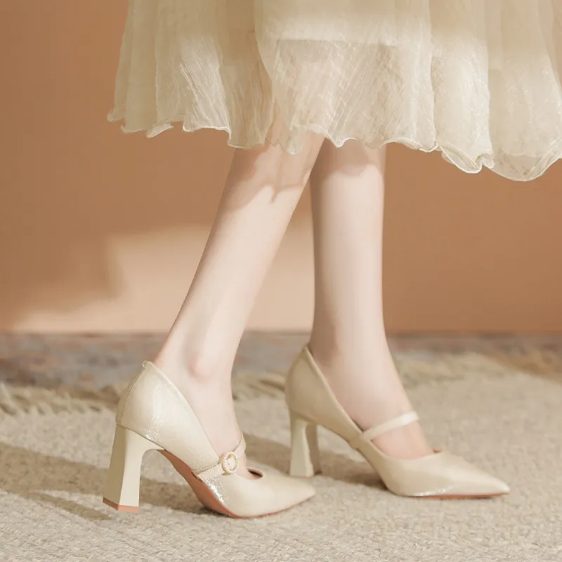 MCKP Block Heel High Heels Women's Champagne-3