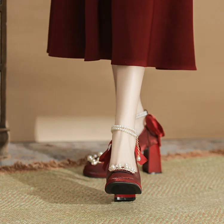 MCKP Chunky Heel High Heels 7cm Women's Red-2