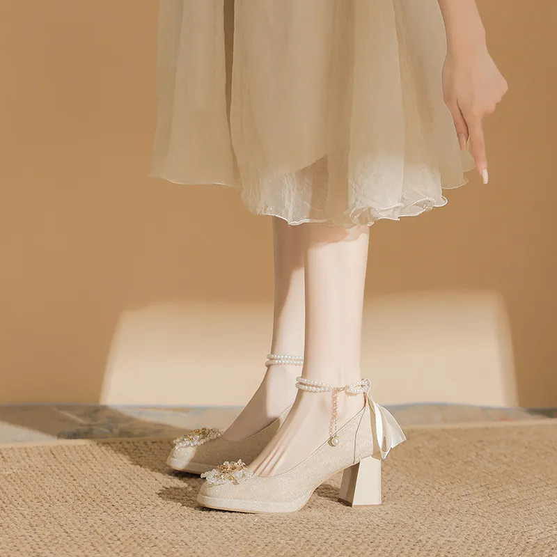 MCKP Chunky Heel High Heels 7cm Women's Apricot-3