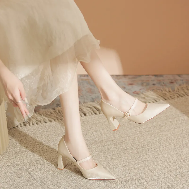 MCKP Block Heel High Heels Women's Champagne-4