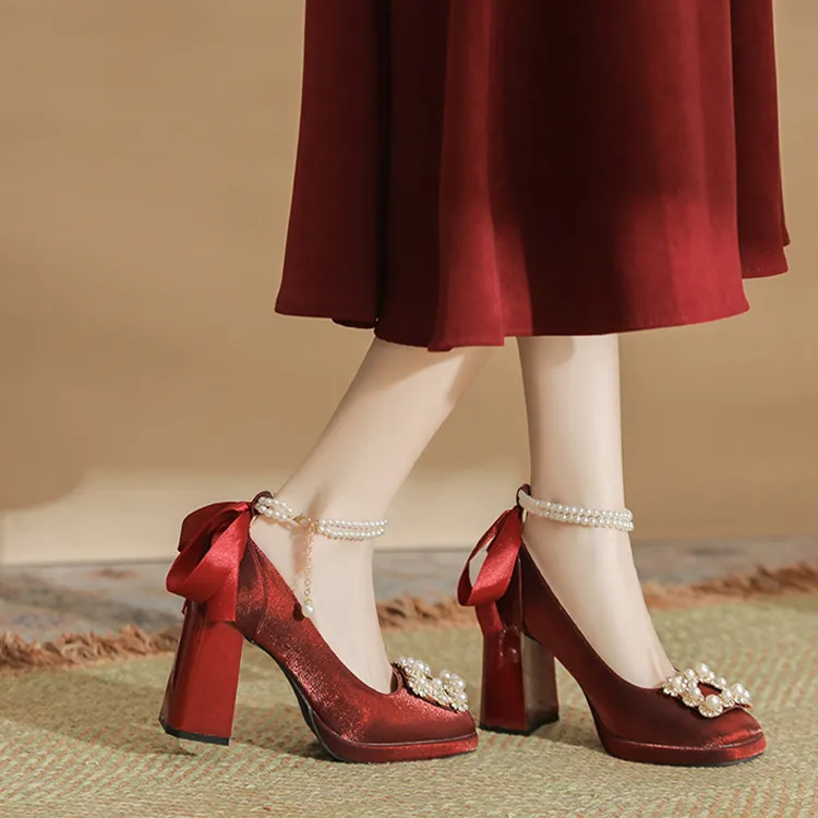 MCKP Chunky Heel High Heels 7cm Women's Red-1
