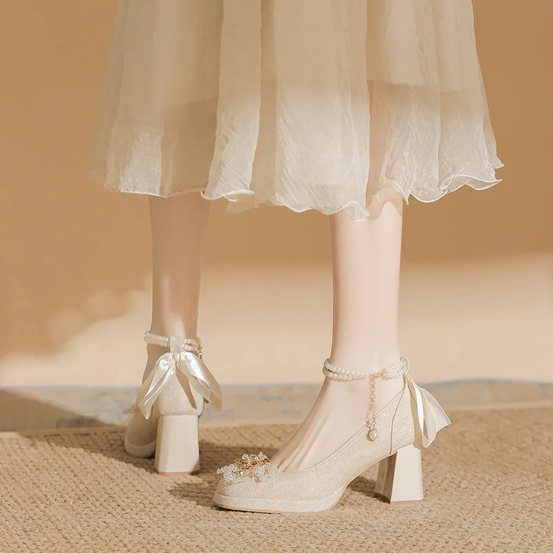 MCKP Chunky Heel High Heels 7cm Women's Apricot-4