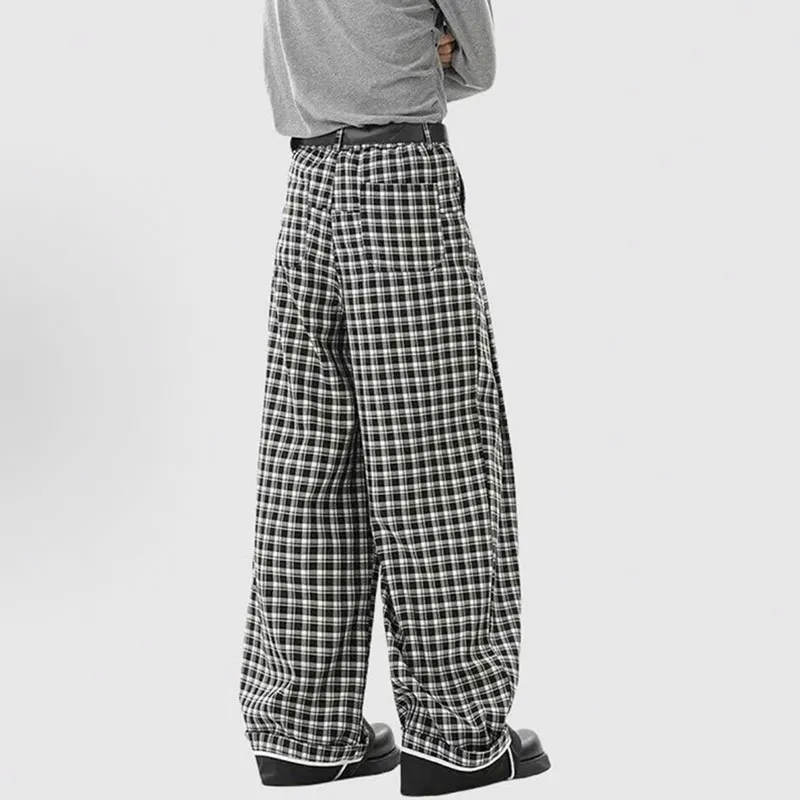 TESTUNG Casual Pants Unisex Black White Plaid-4