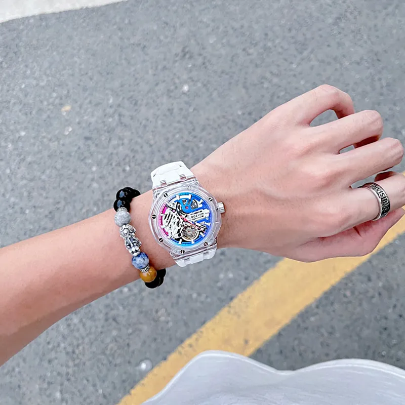 BOZLUN Phantom Collection Acrylic Transparent Caseback Automatic Mechanical Movement Unisex Cut Out Dial-3