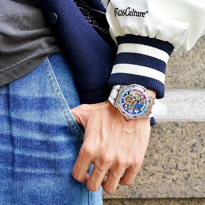 BOZLUN Phantom Collection Acrylic Transparent Caseback Automatic Mechanical Movement Unisex Cut Out Dial-4