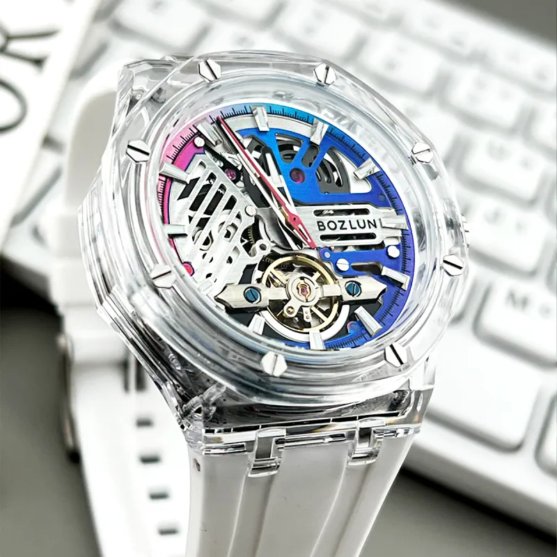 BOZLUN Phantom Collection Acrylic Transparent Caseback Automatic Mechanical Movement Unisex Cut Out Dial-2