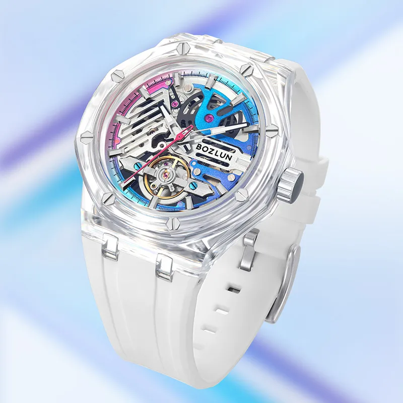 BOZLUN Phantom Collection Acrylic Transparent Caseback Automatic Mechanical Movement Unisex Cut Out Dial-1