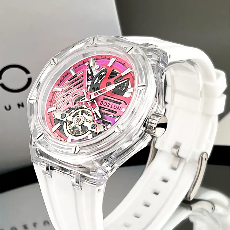 BOZLUN Phantom Collection Acrylic Transparent Caseback Automatic Mechanical Movement Unisex Cut Out Dial-21