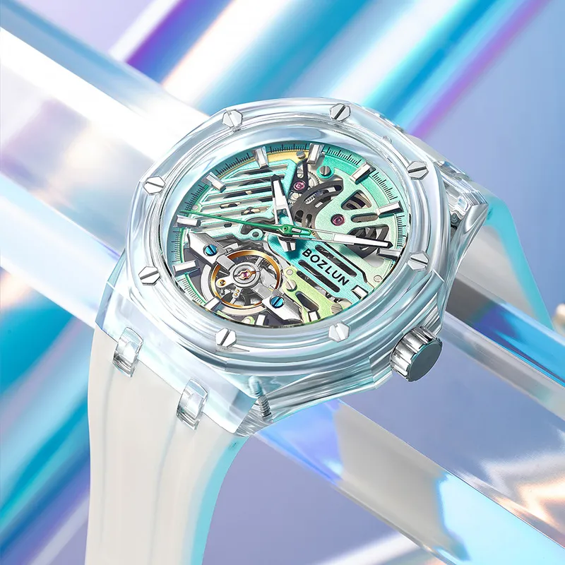 BOZLUN Phantom Collection Acrylic Transparent Caseback Automatic Mechanical Movement Unisex Cut Out Dial-10